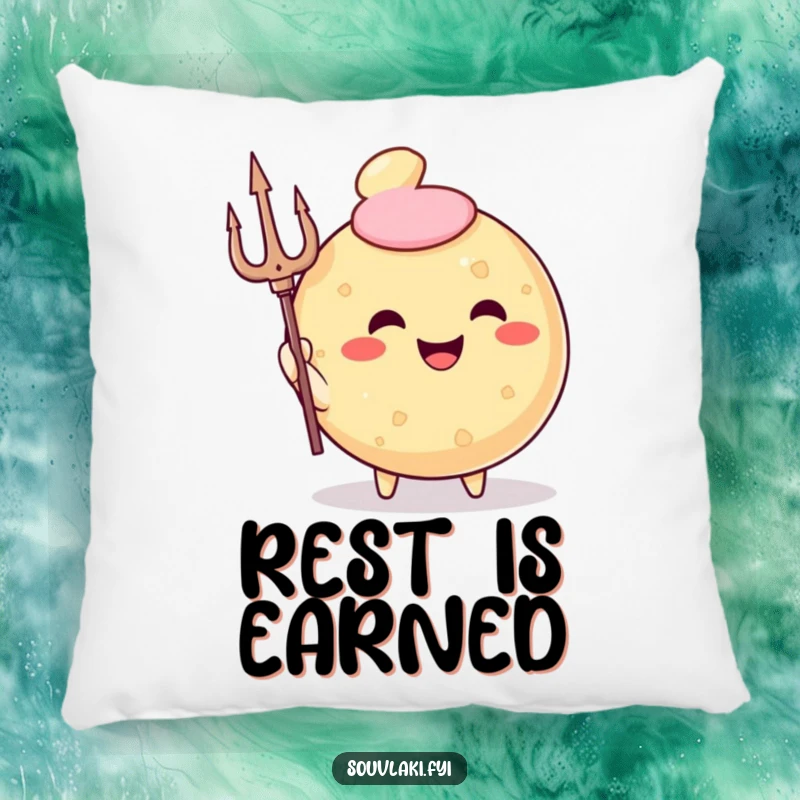 Funny Pillow featuring a smiling, round fried pastry character holding a trident, a divine and comfy decor piece.