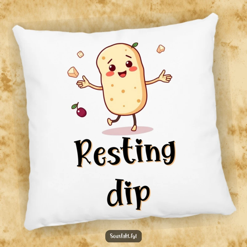 Funny pillow showcasing a dancing pita bread character with tiny arms, juggling miniature olives and feta cheese, providing soft, festive decor.