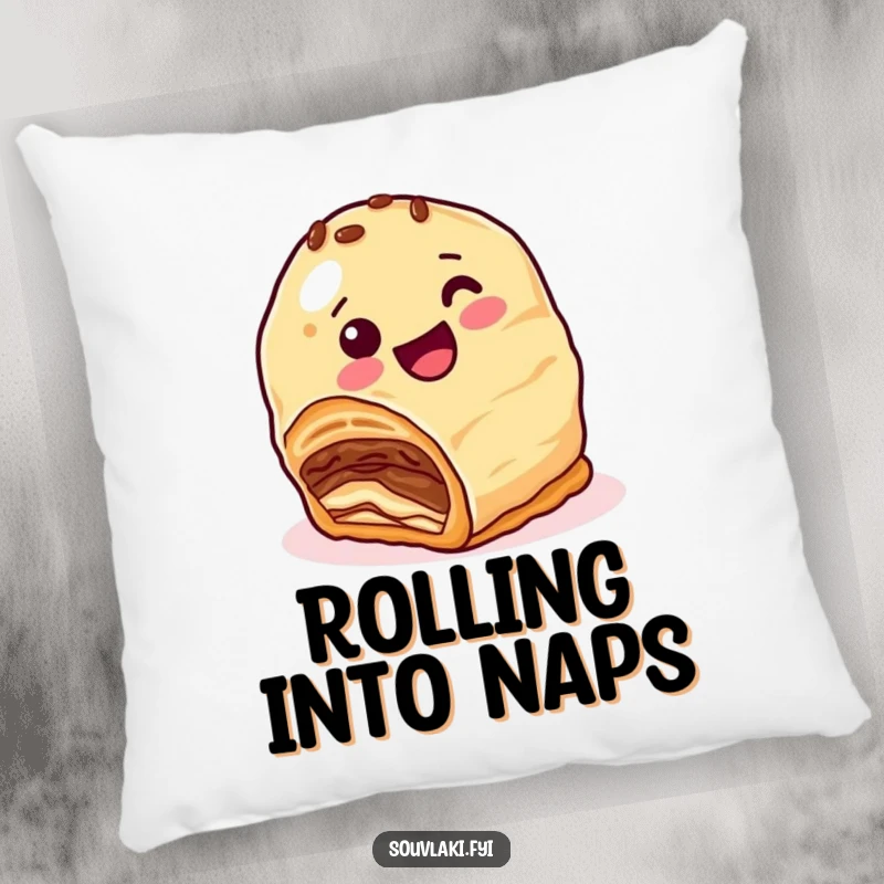 Funny Pillow: A happy baklava character with nutty layers comically rolls downhill, bringing sweet comfort and humor to any room.