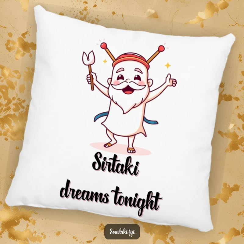 Funny Souvlaki Pillow: A souvlaki dances the sirtaki with gusto on this soft, funny pillow for cozy Greek vibes.
