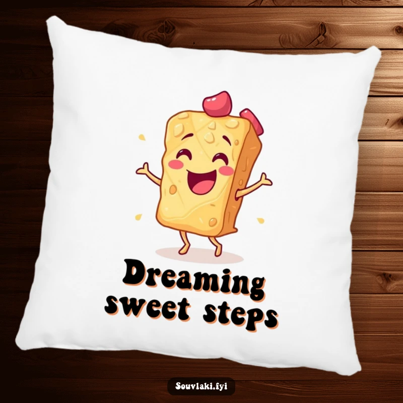 Funny baklava pastry performing a flamenco dance on a soft pillow. A cute and humorous decor item, perfect as a funny gift.