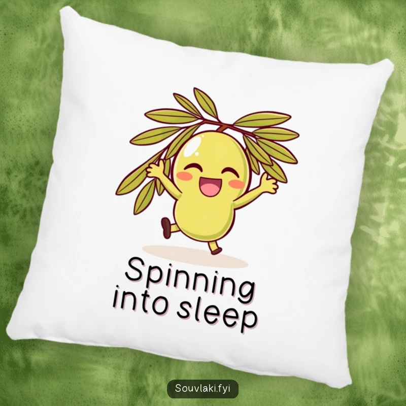 Funny delighted olive character spinning joyfully, a soft and humorous accent pillow.