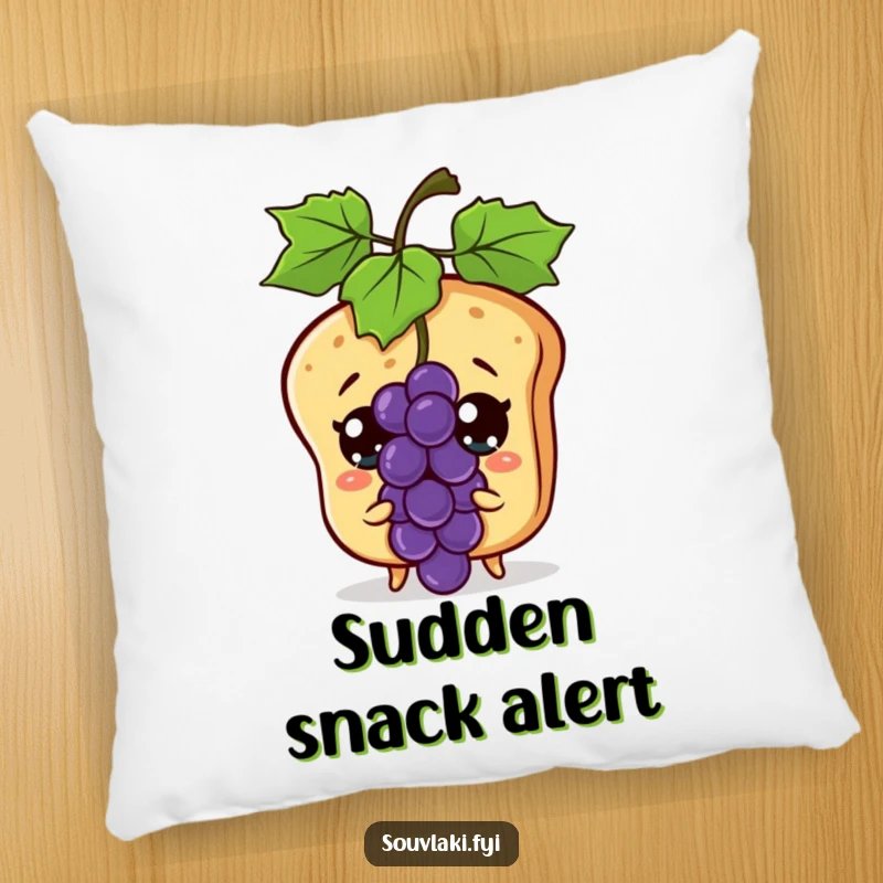 Funny pita bread character looking shocked at a grape, printed on a soft, decorative pillow.