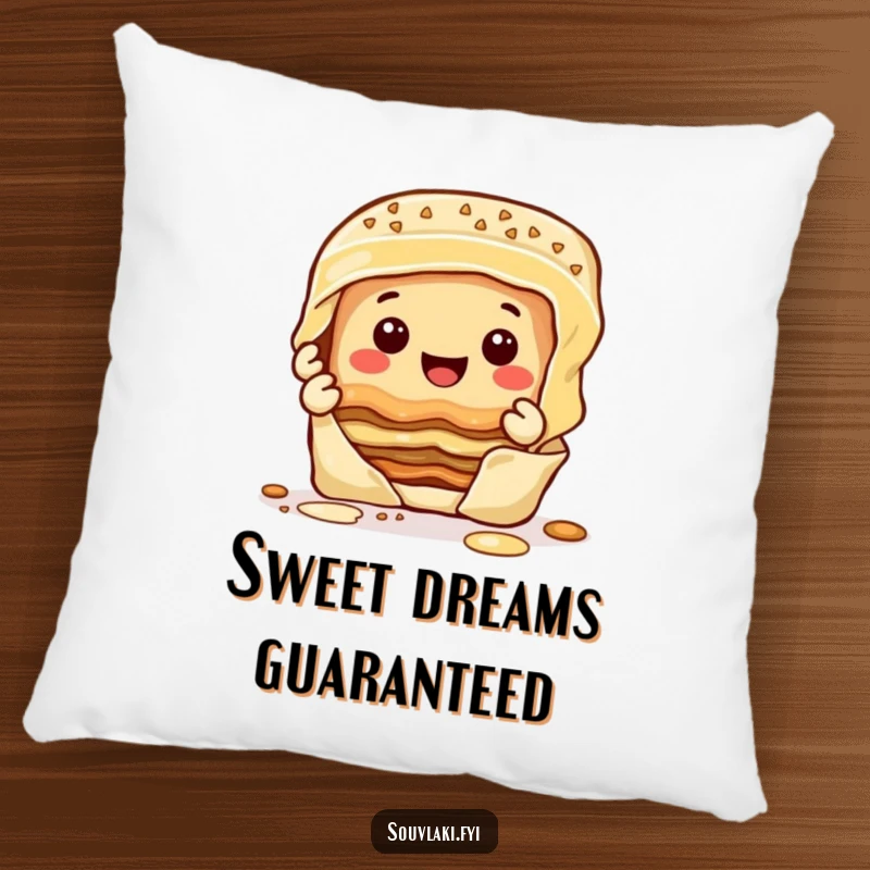 Funny happy baklava character peeling layers with a smile, printed on a soft, decorative throw pillow.