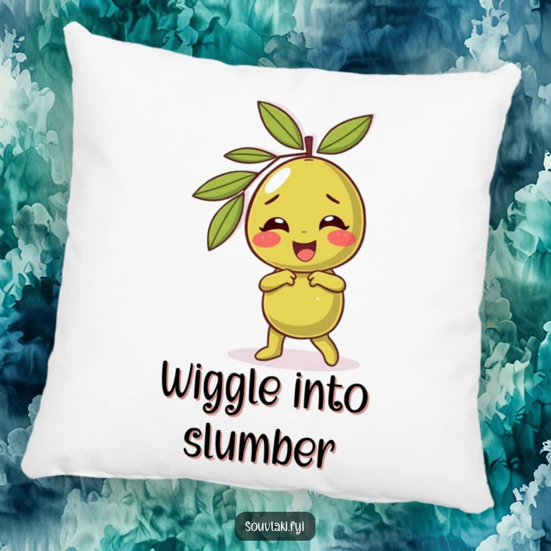 Funny olive pillow with a giggling character performing a silly dance, offering comfort and a cheerfully amusing accent.
