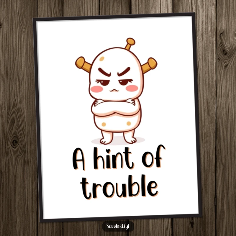 Funny digital art print of a souvlaki with crossed arms, looking mischievous, perfect for vibrant and humorous attitude-themed decor.