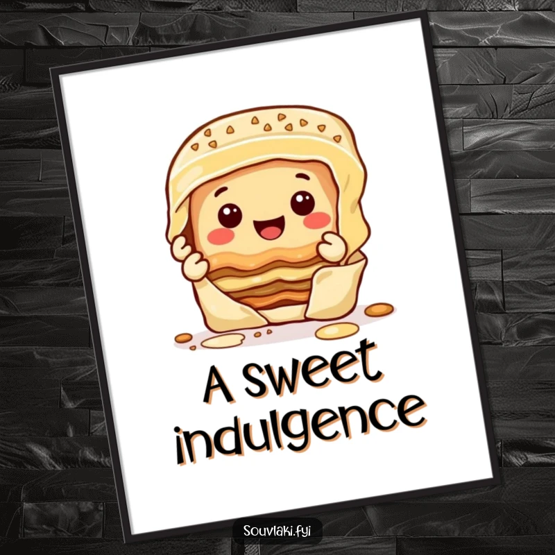 Funny happy baklava character peeling layers with a smile, as a downloadable digital art print.