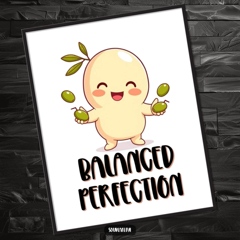 Funny Gyro Digital Art Print: A high-resolution image of a smiling gyro character skillfully juggling miniature olives, radiating culinary joy.