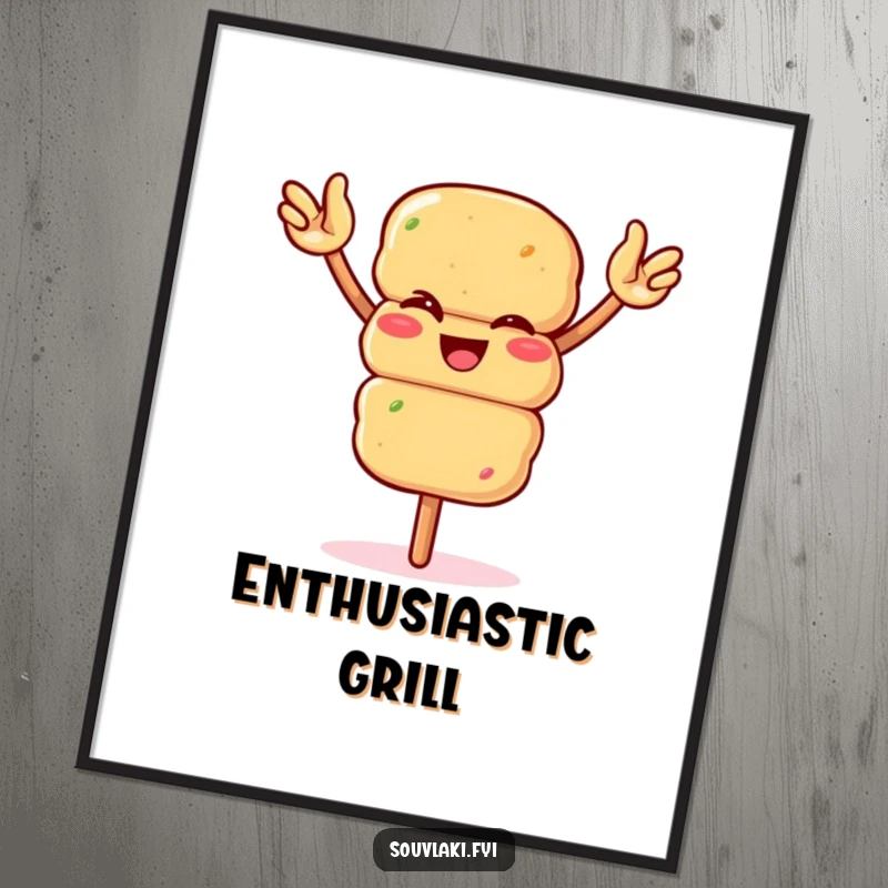 Funny winking souvlaki skewer waving arms enthusiastically, presented as digital art. A lively and humorous piece, ideal as a funny gift.