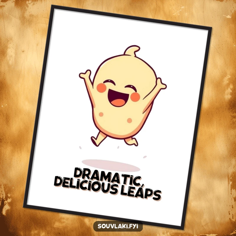 Funny Spanakopita Digital Art Print: A laughing spanakopita character performs a dramatic leap, creating a vibrant and humorous piece for walls.