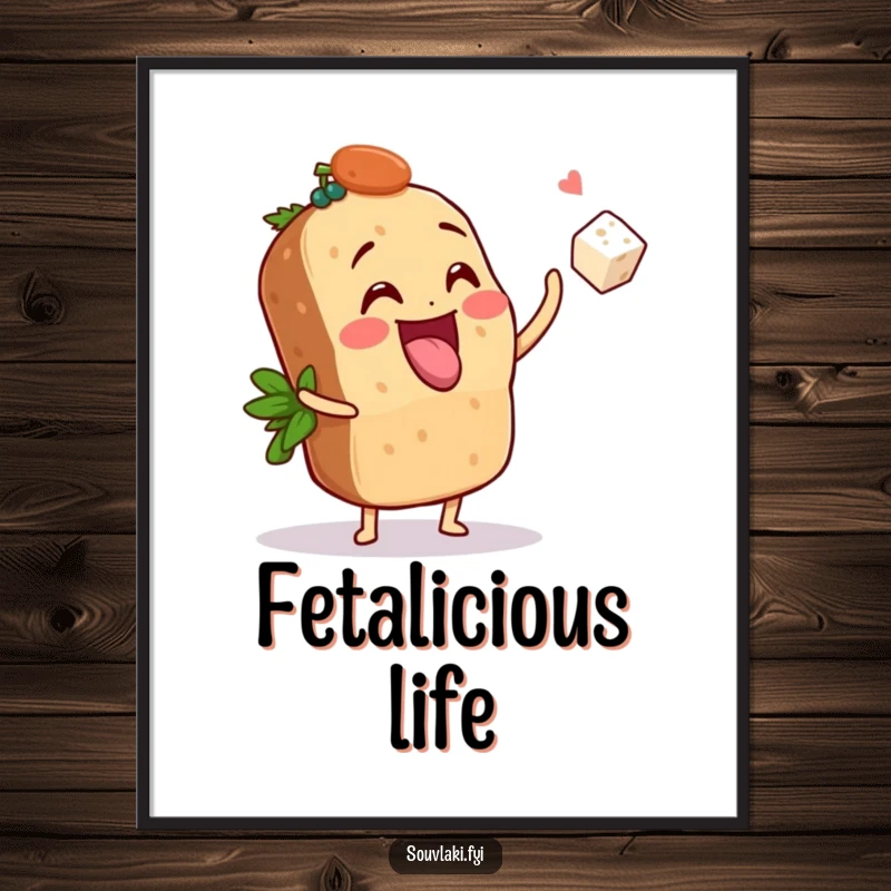 Funny Digital Art Print: A souvlaki playfully tosses a tiny feta cube, creating instant, humorous, and foodie-themed wall art.