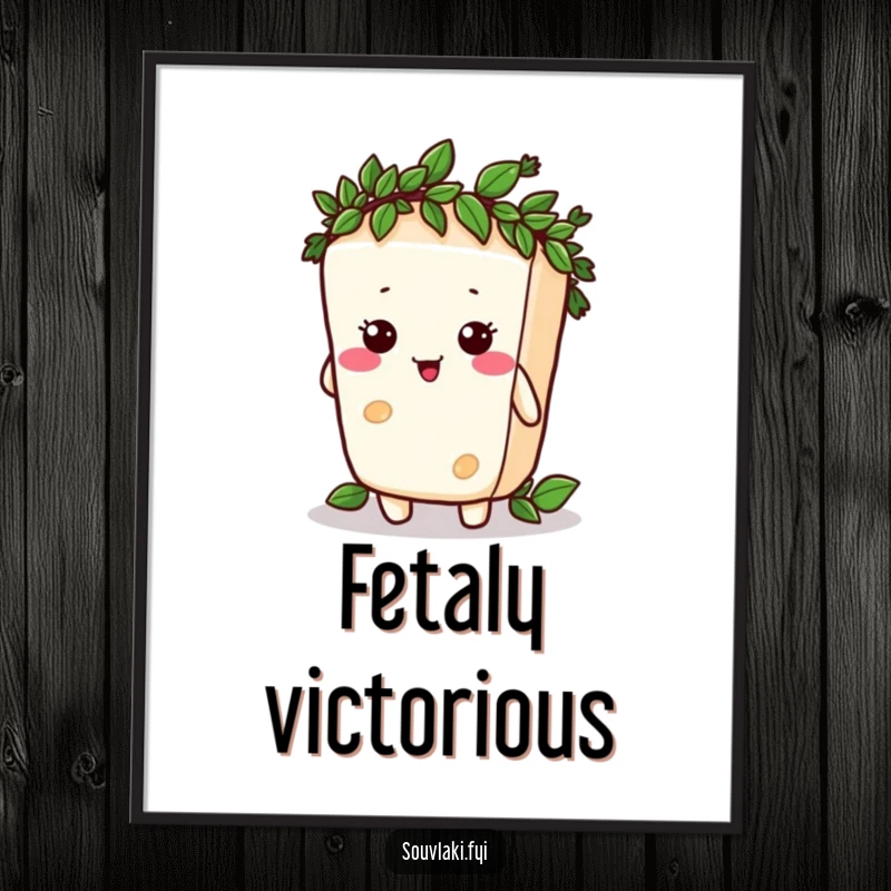 Funny silly feta cheese character comically trying to wear a tiny laurel wreath, presented as a digital art print.