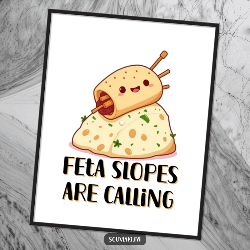 Funny souvlaki character gleefully sliding down a feta cheese hill, a high-resolution digital art print for humorous home decor.