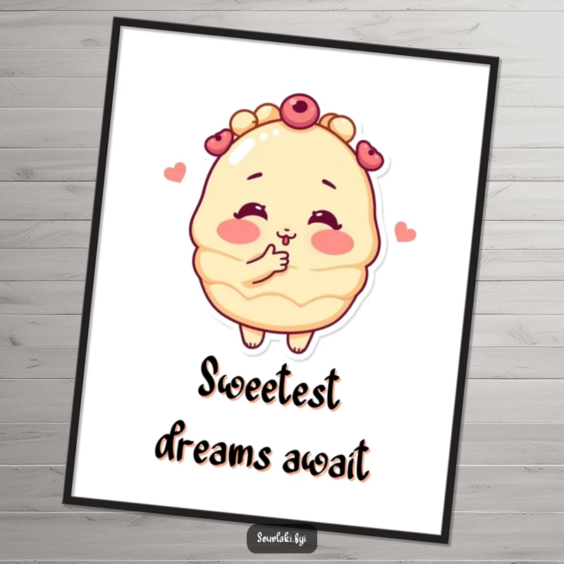 Funny blushing baklava pastry character blowing a kiss as digital art, perfect for instant download and sharing sweet humor.