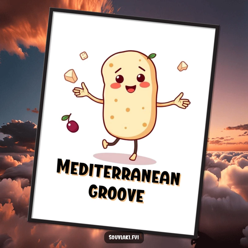 Funny digital art print of a dancing pita bread character with tiny arms, juggling miniature olives and feta cheese, perfect for festive decor.