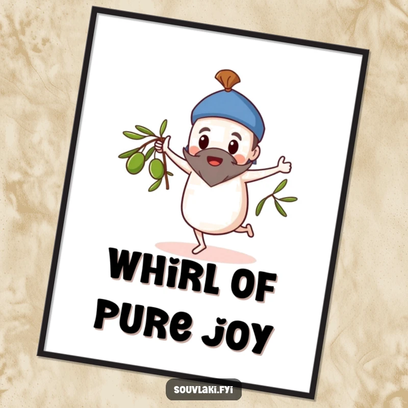 Funny Digital Art Print: Souvlaki character in a whimsical dance, spinning an olive branch joyfully.