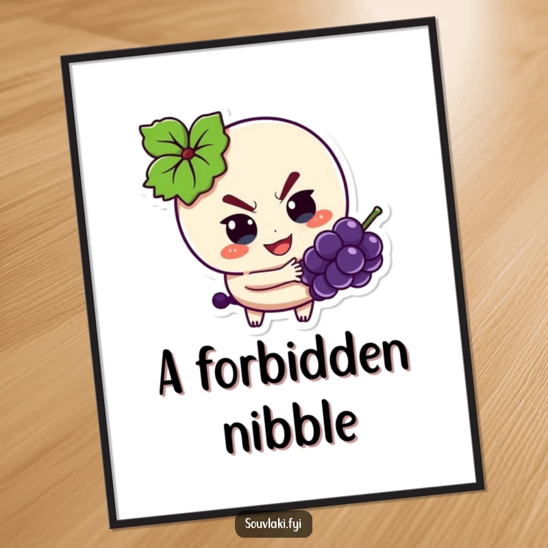 Funny Digital Art Print: Souvlaki character with a mischievous look, sneakily reaching for a grape.