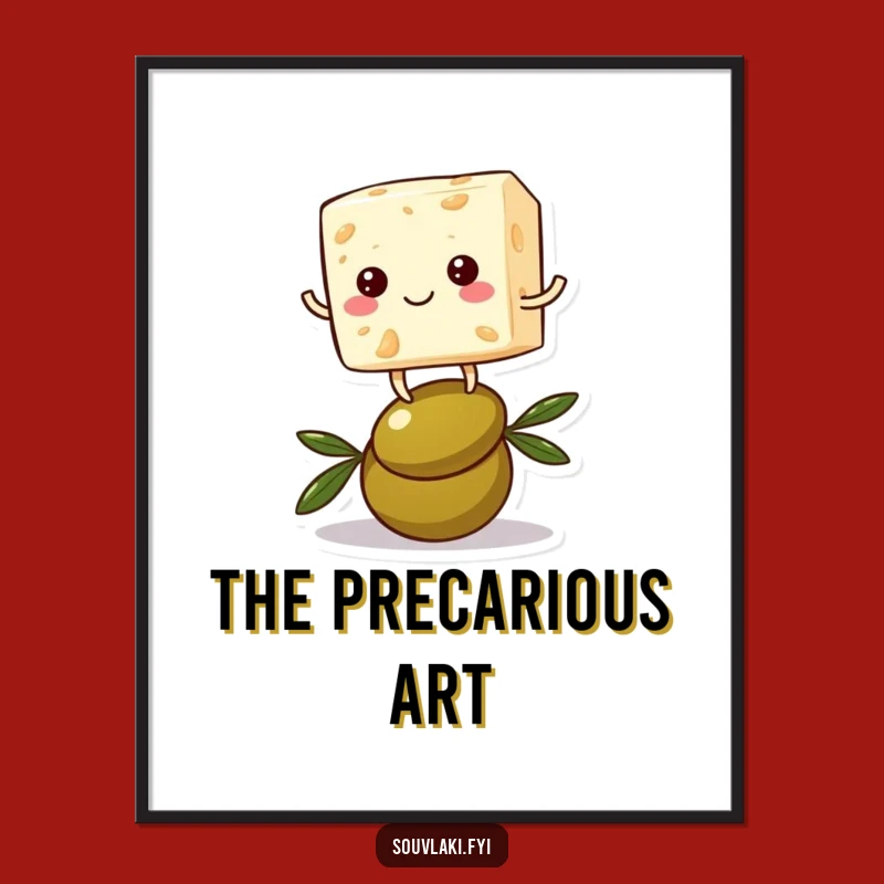 Funny Feta Cheese Digital Art: Balancing Character on Olive Print, Instant Humor!