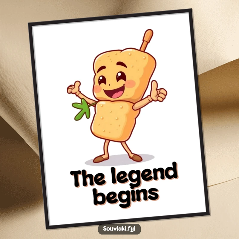 Funny souvlaki skewer digital art print with a happy character striking a heroic pose, instant motivational funny gift.