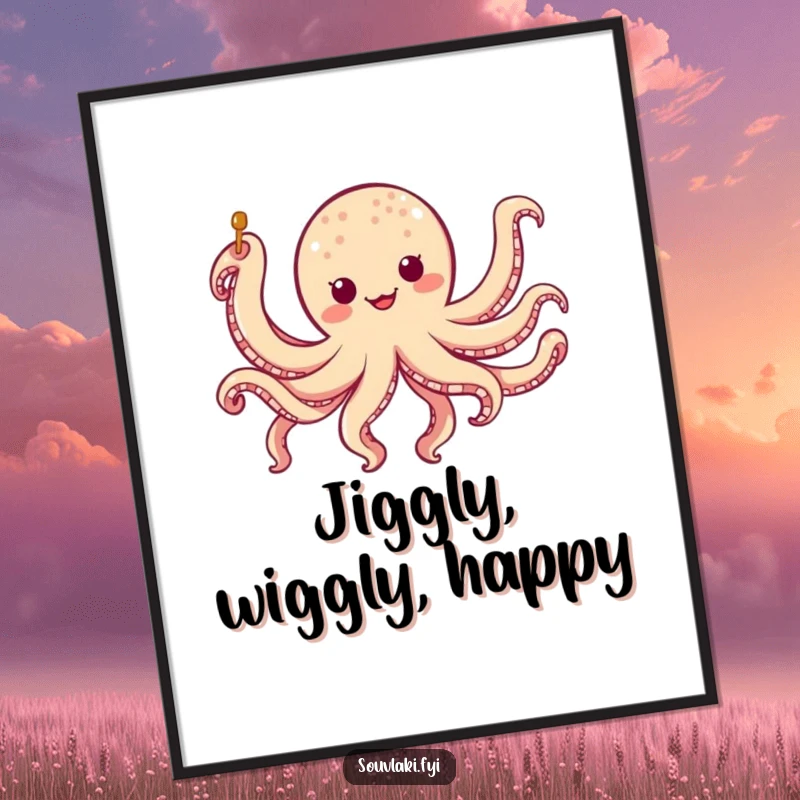 Funny chubby octopus skewer digital art print with a character doing a silly eight-legged jig, instant humorous wall art funny gift.