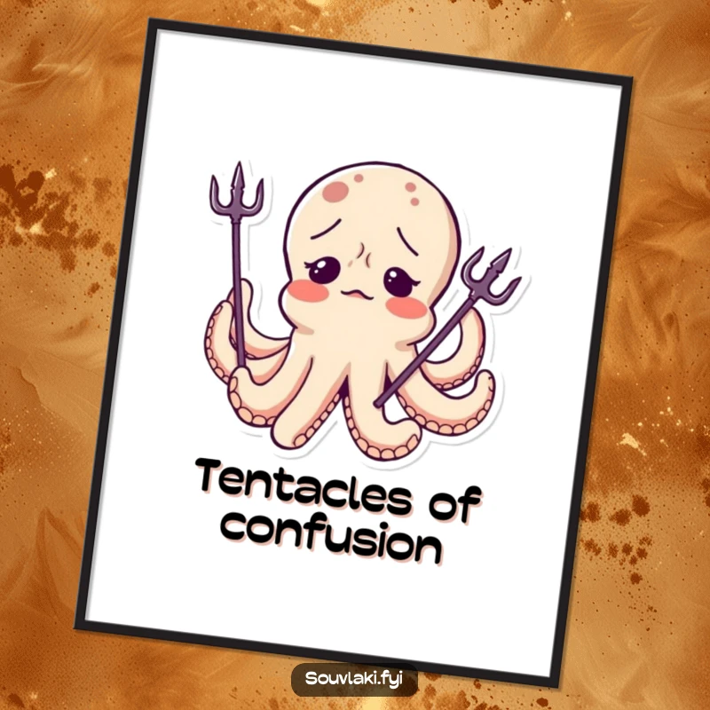 Funny Octopus Digital Art Print: A high-resolution image of a confused octopus character wearing a tiny, askew trident, radiating whimsical humor.