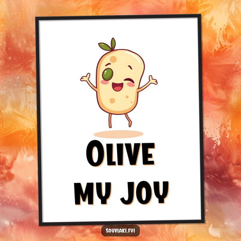 Funny cheerful pita bread character with an olive eye, dancing joyfully, presented as a digital art print.