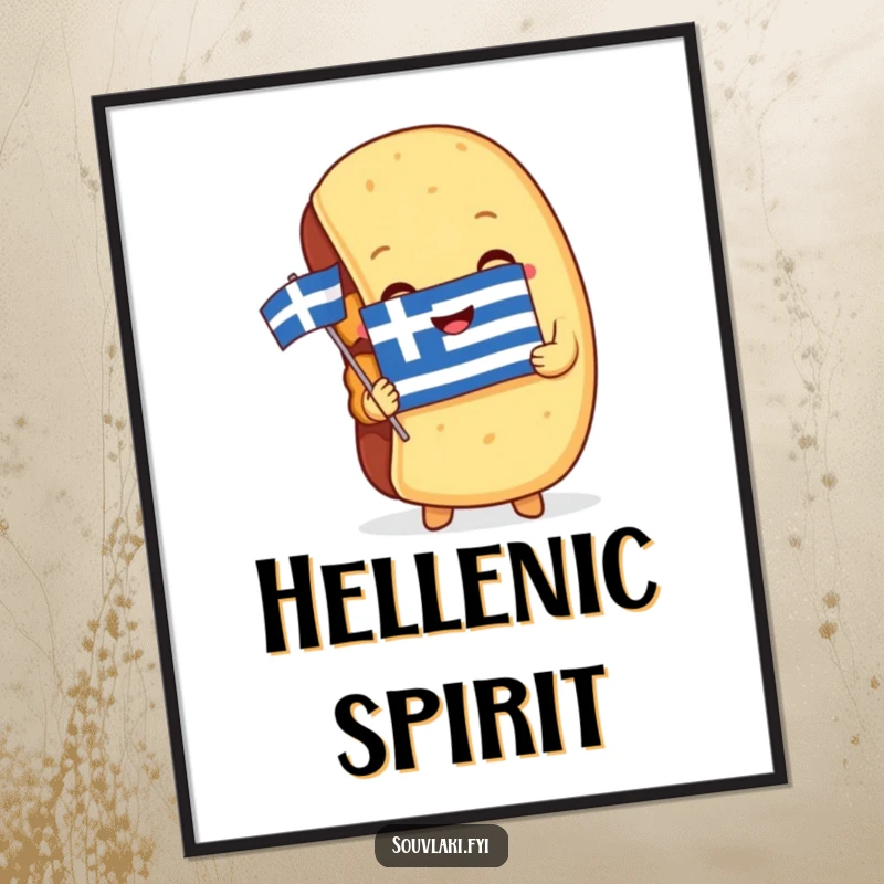 Funny Digital Art Print: A souvlaki embraces a miniature Greek flag, creating instant, humorous, and patriotic wall art.