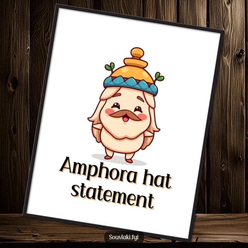 Funny souvlaki digital art print of a happy Greek food character wearing a miniature amphora hat, offering whimsical and historical decorative charm.