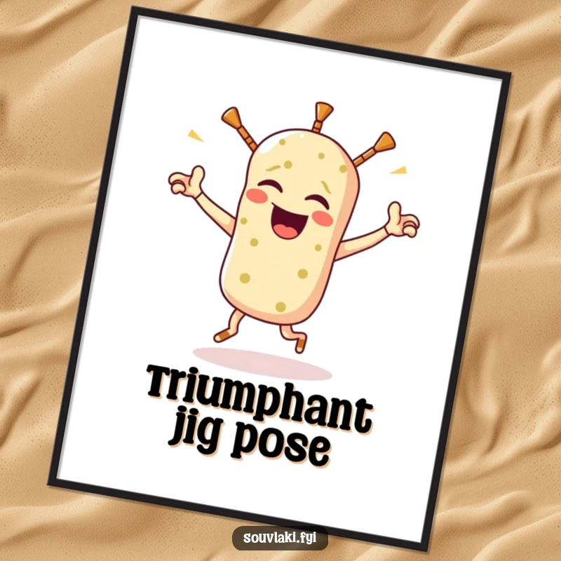 Funny souvlaki digital art print of a winking Greek food character doing a triumphant jig, offering instant humorous wall decor for any space.