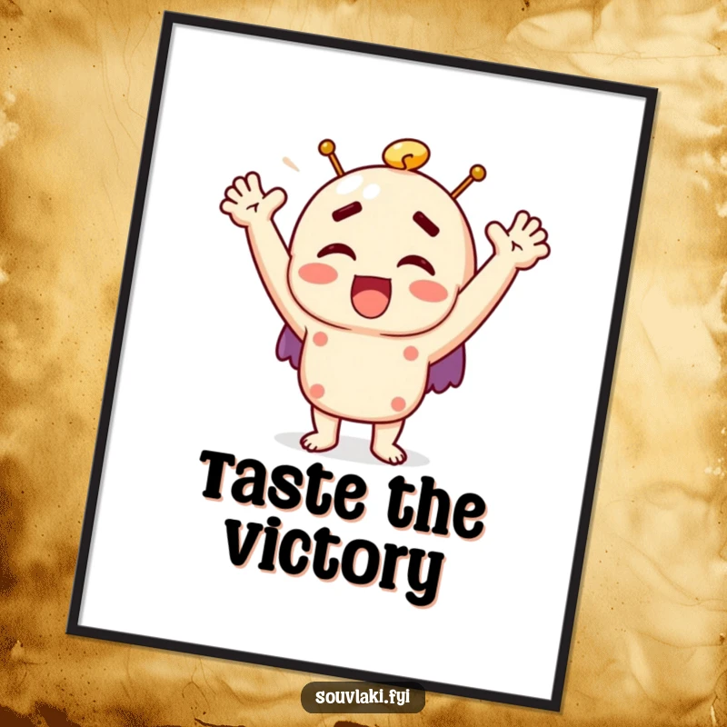 Funny souvlaki digital art print of a character exclaiming with joy and raised arms, ideal for immediate download.