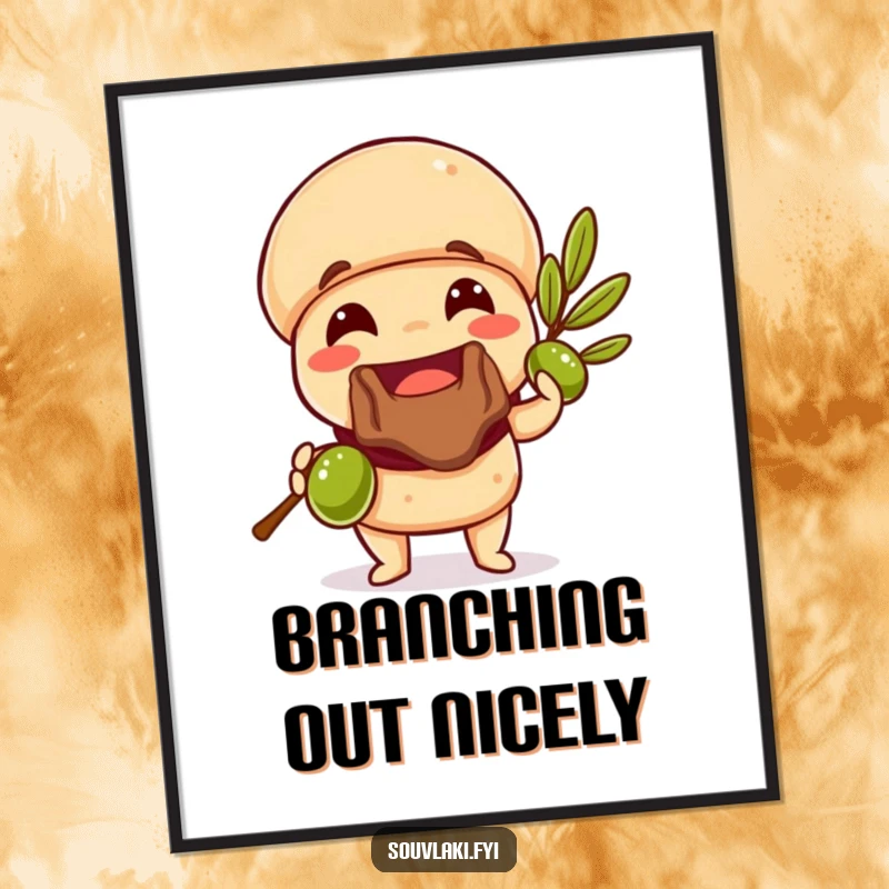 Funny Souvlaki Digital Art Print of a smiling souvlaki offering an olive branch, instant humorous Greek decor.