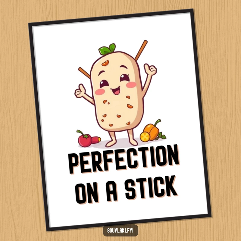 Funny Digital Art Print: Souvlaki character in a funny, proud pose with its ingredients, a humorous and celebratory illustration.