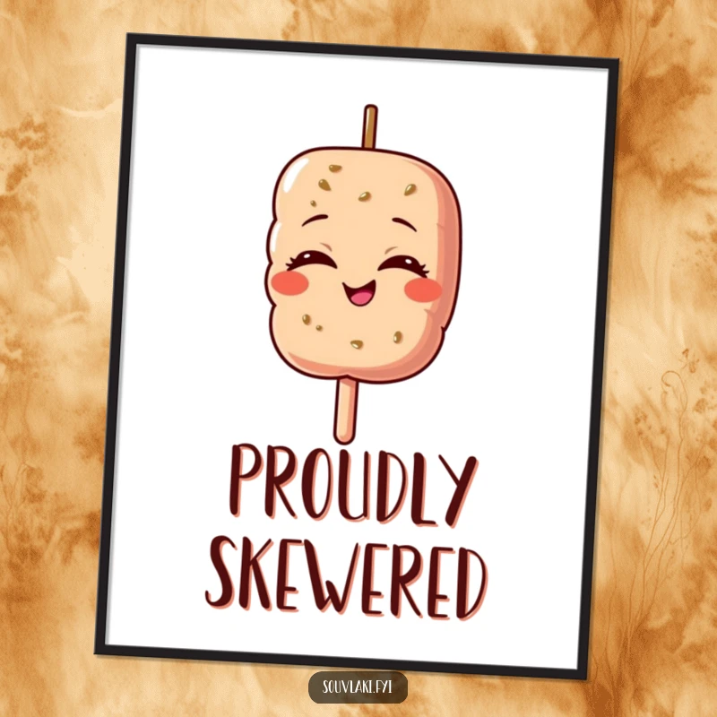 Funny digital art print of a souvlaki skewer character, eyes closed, beaming with overwhelming pride.