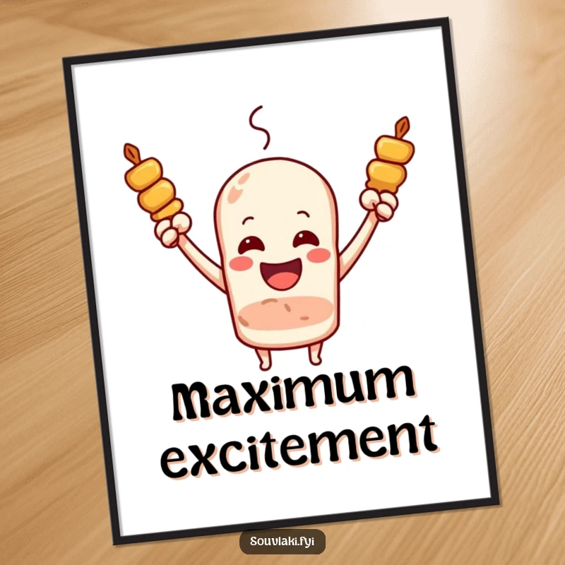 Funny Souvlaki Skewer Joyful Cheer Digital Art: A joyous souvlaki skewer with arms raised cheers loudly.