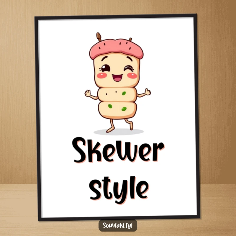 Funny Souvlaki Digital Art: A smiling souvlaki skewer character struts proudly, a humorous and vibrant piece for digital display.