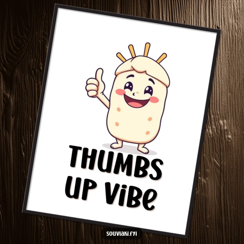 Funny digital art print of a happy souvlaki skewer character giving a vigorous, approving thumbs-up.