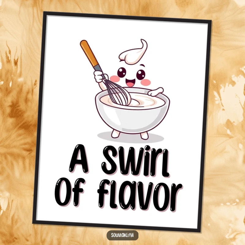 Funny delighted whisk character stirring tzatziki, as a downloadable digital art print.