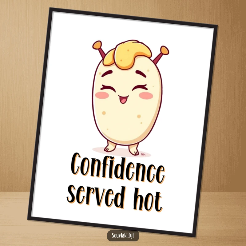 Funny digital art print of a souvlaki winking with a confident grin, perfect for vibrant and humorous Greek-themed decor.