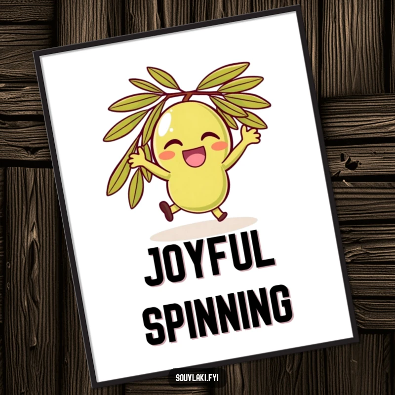 Funny delighted olive character in a joyful spin, a cheerful digital artwork.