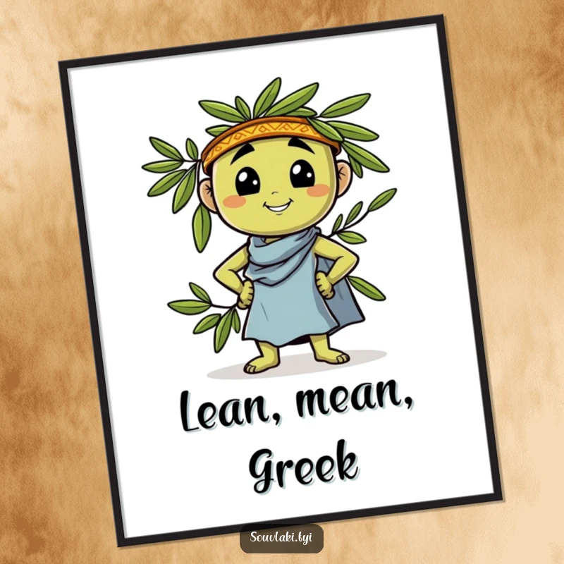 Funny Digital Art Print: A proud olive character confidently leans and strikes a Greek pose, showcasing bold humor and style.