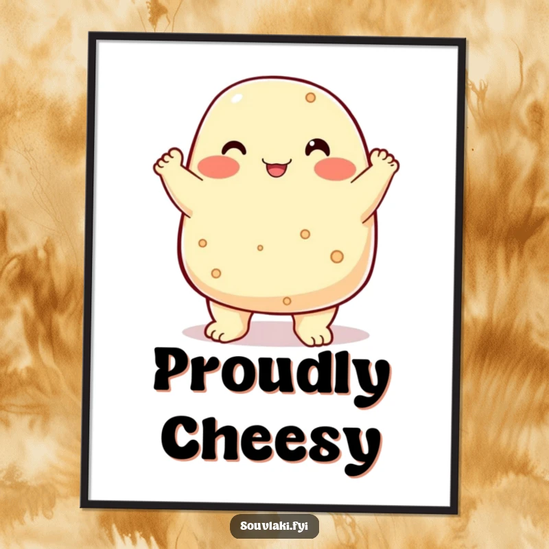 Funny chubby feta cheese character doing a proud chest bump, a humorous digital print.