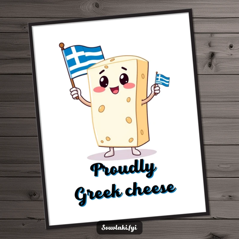 Funny digital art print of a proud feta cheese character standing tall, holding a small Greek flag, embodying culinary pride and heritage.
