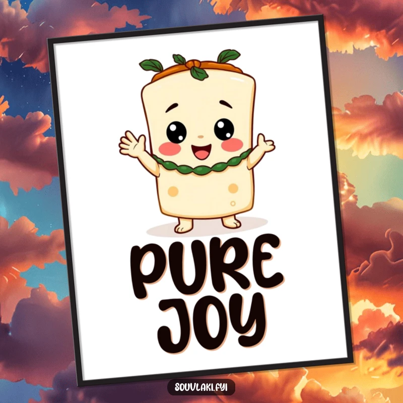 Funny Digital Art Print of a happy feta cheese character in a toga, exuding infectious cheer and celebration.