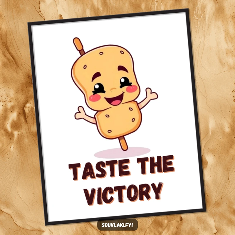 Funny souvlaki skewer digital art print with a smiling character giving a proud wink, instant humorous wall art funny gift.