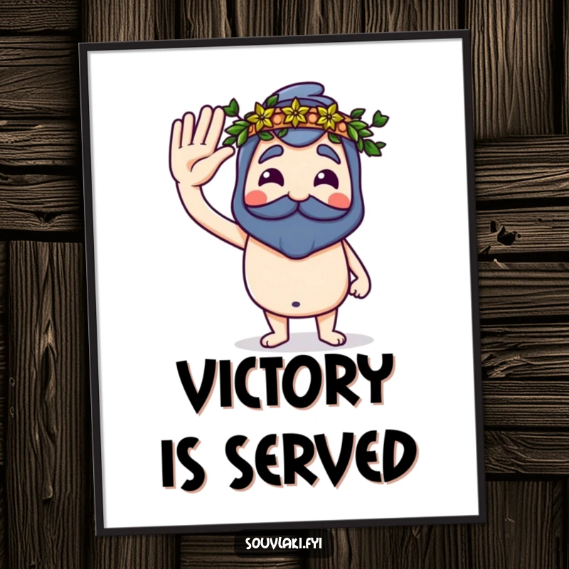 Funny Souvlaki Digital Art Print of a proud souvlaki saluting with a tiny laurel wreath, instant humorous victory decor.