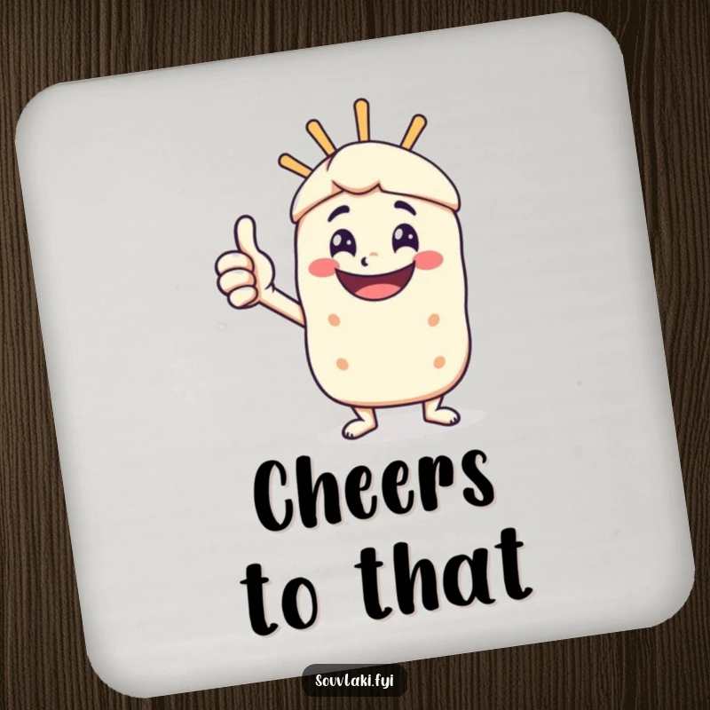 Funny drink coaster featuring a happy souvlaki skewer character giving a vigorous thumbs-up.