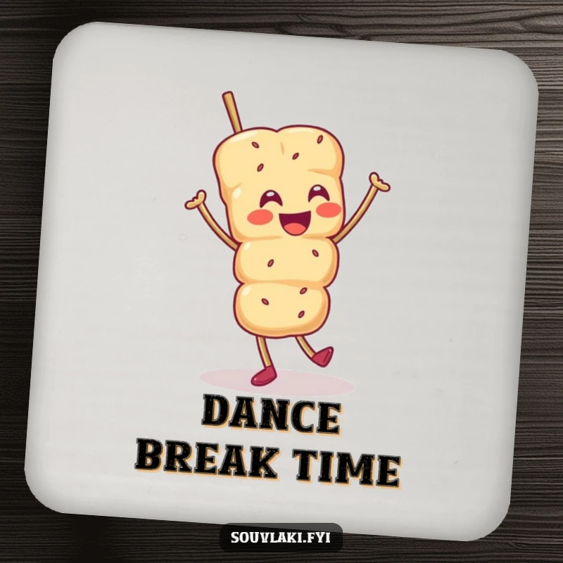 Funny drink coaster with a smiling souvlaki skewer character doing a joyful jig, protecting surfaces with food-themed fun.