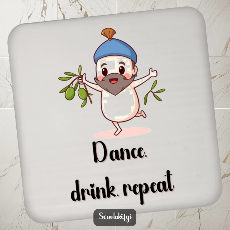 Funny Drink Coaster: Souvlaki character doing a whimsical dance, spinning an olive branch.