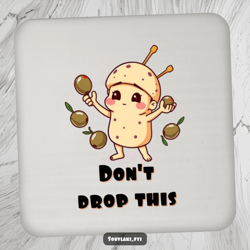 Funny drink coaster with a souvlaki character comically juggling olives, adding a humorous and protective culinary touch.