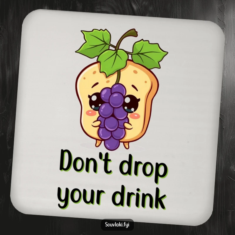 Funny pita bread character with wide eyes reacting to a flying grape, on a protective drink coaster.